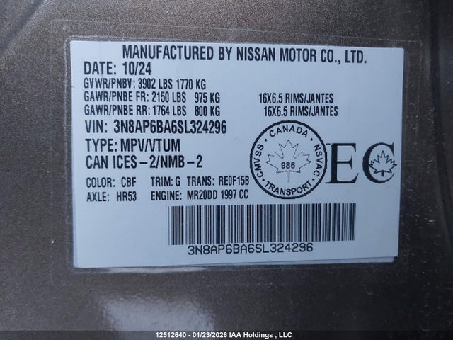 Aukcja sprzedaży 2025 Nissan Kicks, vin: 3N8AP6BA6SL324296, numer aukcji: 12512640