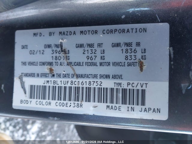 Продаж на аукціоні авто 2012 Mazda Mazda3 Gx, vin: JM1BL1UF8C1618752, номер лоту: 12512686