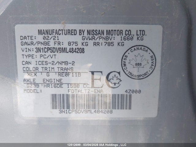 3N1CP5DV9ML484208 Nissan KICKS SR