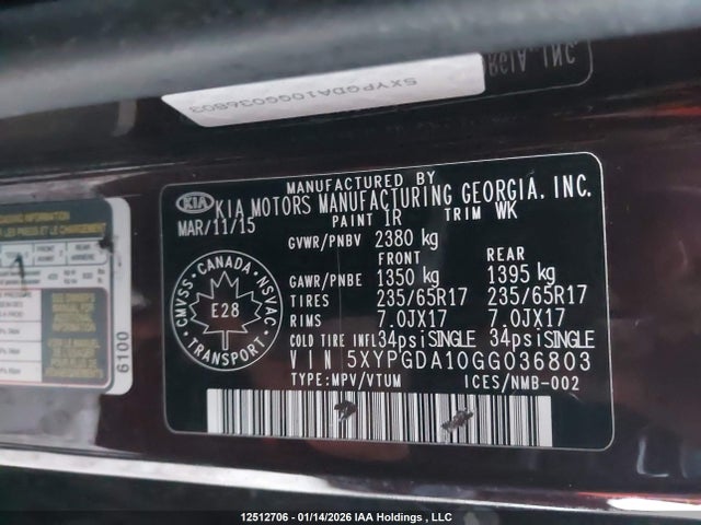 5XYPGDA10GG036803 KIA Sorento 2.0l Ex/2.0l Lx+