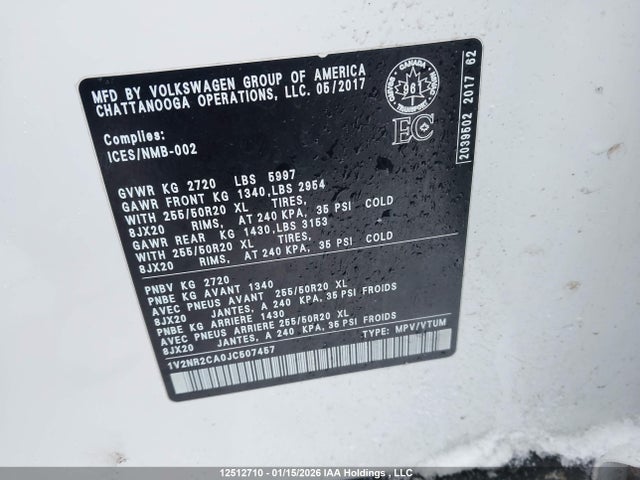 1V2NR2CA0JC507457 Volkswagen Atlas Sel Premium