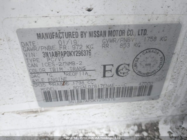 3N1AB7AP0KY296376 Nissan Sentra S/sv/sr/sl