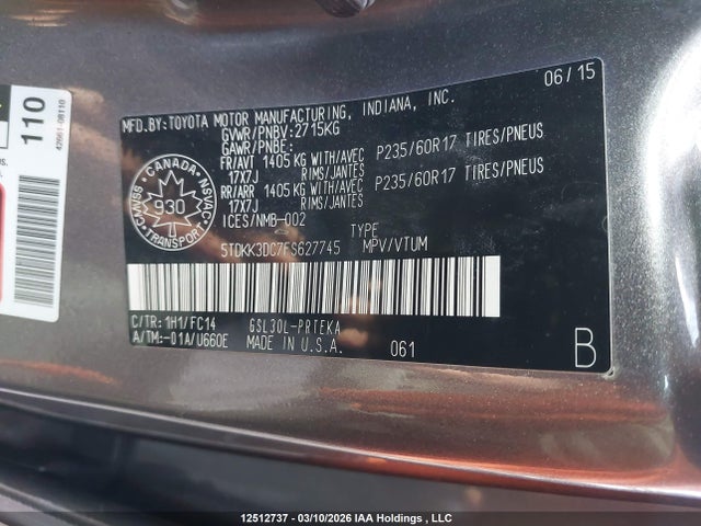 Aukcja sprzedaży 2015 Toyota Sienna Le V6, vin: 5TDKK3DC7FS627745, numer aukcji: 12512737