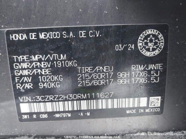 2024 Honda Hr-v მანქანა იყიდება აუქციონზე, vin: 3CZRZ2H30RM111627, აუქციონის ნომერი: 12512751