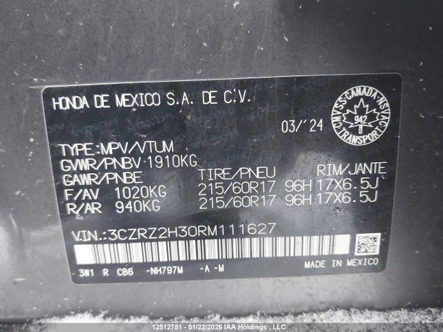 2024 Honda Hr-v მანქანა იყიდება აუქციონზე, vin: 3CZRZ2H30RM111627, აუქციონის ნომერი: 12512751