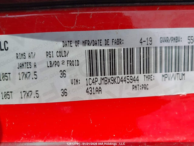 Aukcja sprzedaży 2019 Jeep Cherokee Trailhawk, vin: 1C4PJMBX9KD445944, numer aukcji: 12512791