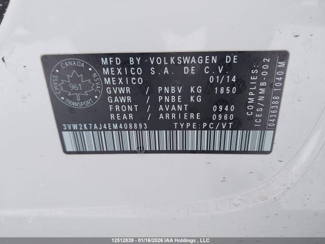 2014 Volkswagen Jetta 2.0l Trendline+ მანქანა იყიდება აუქციონზე, vin: 3VW2K7AJ4EM408893, აუქციონის ნომერი: 12512839