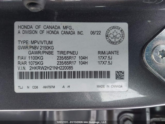 2HKRW2H21NH220085 Honda CR-V LX