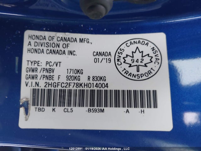 Honda Civic 2019 2HGFC2F78KH014004 Image 9