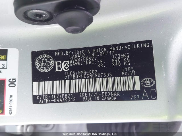 Toyota 2zr-fe 2017 2T1BURHE6HC907595 Image 9