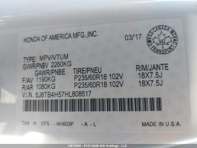 5J8TB4H57HL808517 Acura Rdx Technology