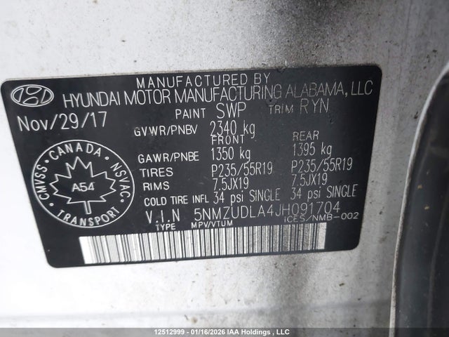 5NMZUDLA4JH091704 Hyundai SANTA FE SPORT
