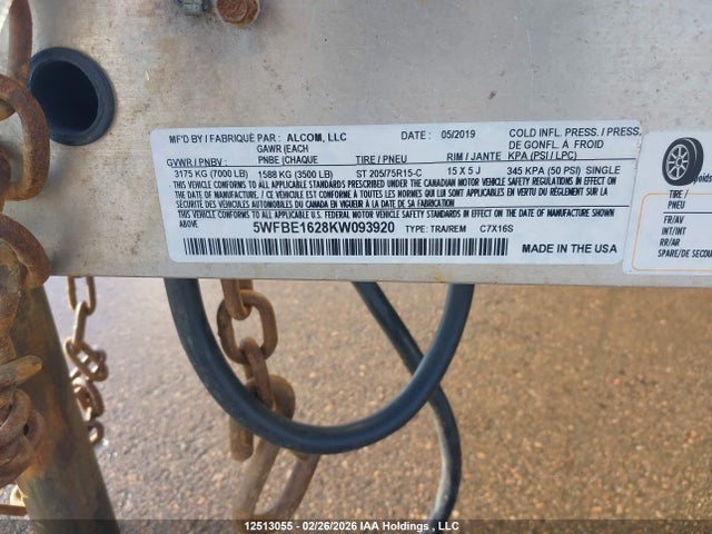 5WFBE1628KW093920 Alcom Llc Utility Trailer C8