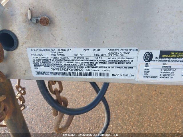 5WFBE1628KW093920 Alcom Llc Utility Trailer C8