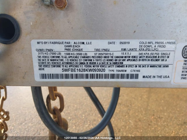 5WFBE1628KW093920 Alcom Llc Utility Trailer C8