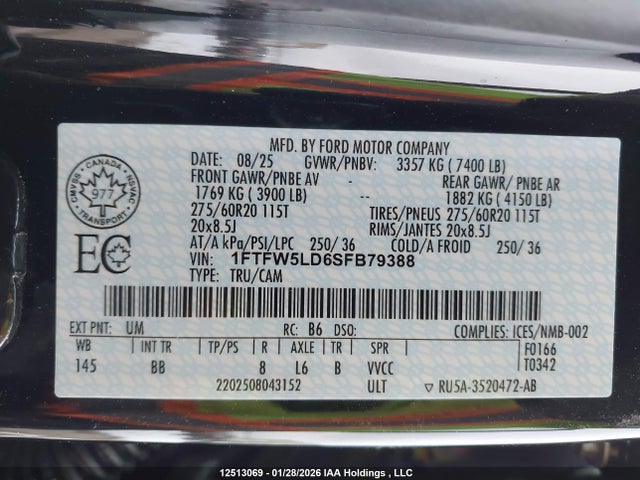 12513069 :رقم المزاد ، 1FTFW5LD6SFB79388 vin ، 2025 Ford F-150 Lariat مزاد بيع