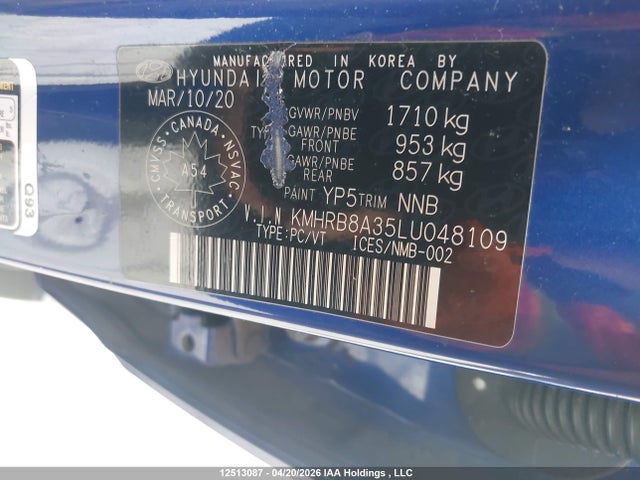 2020 Hyundai Venue Essential Auto Ivt მანქანა იყიდება აუქციონზე, vin: KMHRB8A35LU048109, აუქციონის ნომერი: 12513087