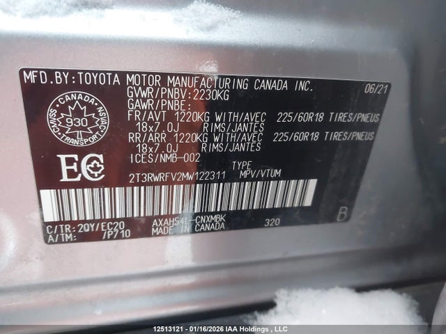 2T3RWRFV2MW122311 Toyota Rav4 Hybrid Xle