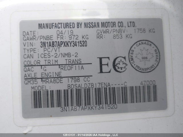 3N1AB7APXKY341520 Nissan Sentra S/sv/sr/sl