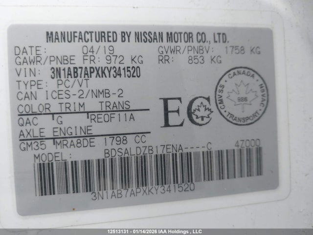 3N1AB7APXKY341520 Nissan Sentra S/sv/sr/sl