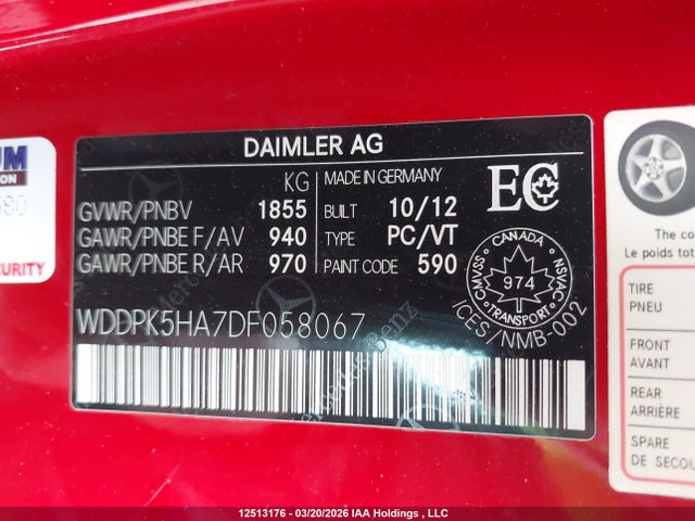 12513176 :رقم المزاد ، WDDPK5HA7DF058067 vin ، 2013 Mercedes-benz Slk 350 مزاد بيع