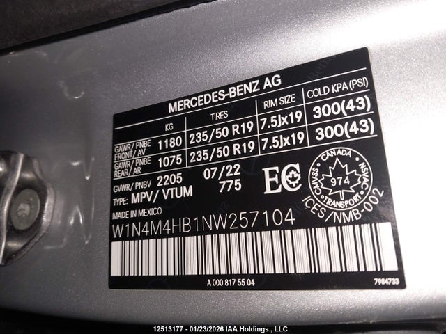 Продаж на аукціоні авто 2022 Mercedes-benz Glb 250 4matic, vin: W1N4M4HB1NW257104, номер лоту: 12513177