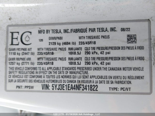 5YJ3E1EA4NF341822 Tesla Model 3 Rwd/standard Range