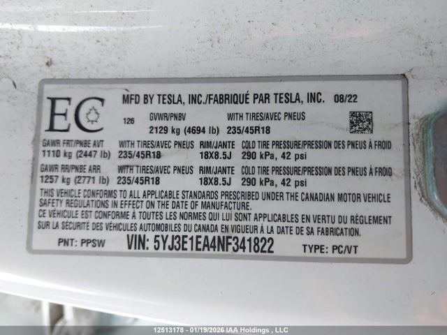 5YJ3E1EA4NF341822 Tesla Model 3 Rwd/standard Range