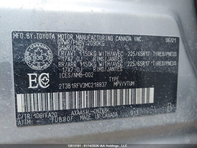 12513181 :رقم المزاد ، 2T3B1RFV3MC218837 vin ، 2021 Toyota Rav4 مزاد بيع