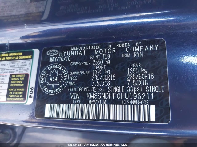 KM8SNDHF0HU196211 Hyundai Santa Fe Xl Premium
