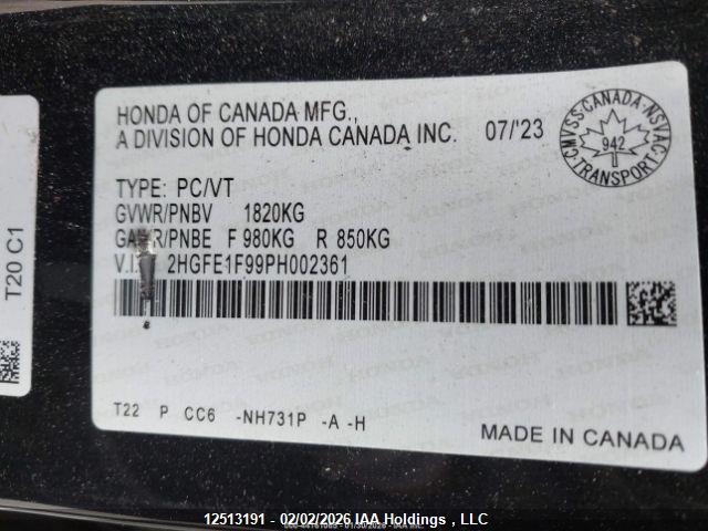 2023 Honda Civic მანქანა იყიდება აუქციონზე, vin: 2HGFE1F99PH002361, აუქციონის ნომერი: 12513191