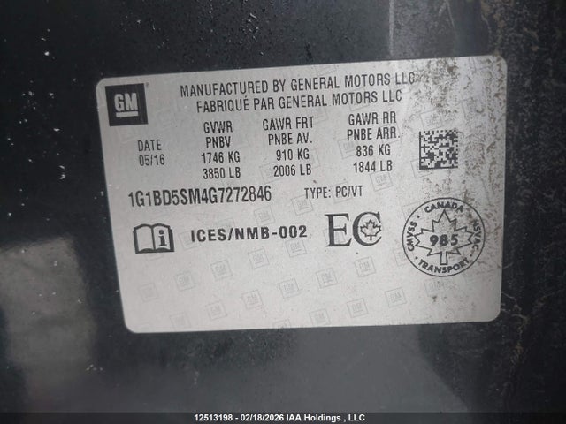 1G1BD5SM4G7272846 Chevrolet CRUZE LT