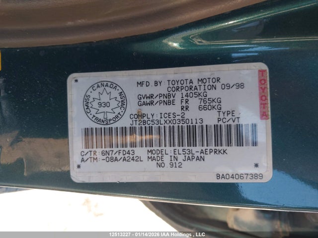 12513227 :رقم المزاد ، JT2BC53LXX0350113 vin ، 1999 Toyota Tercel Ce مزاد بيع