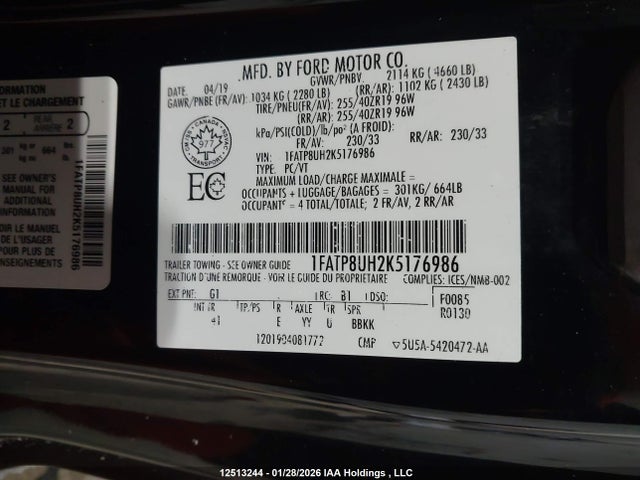 2019 Ford Mustang მანქანა იყიდება აუქციონზე, vin: 1FATP8UH2K5176986, აუქციონის ნომერი: 12513244
