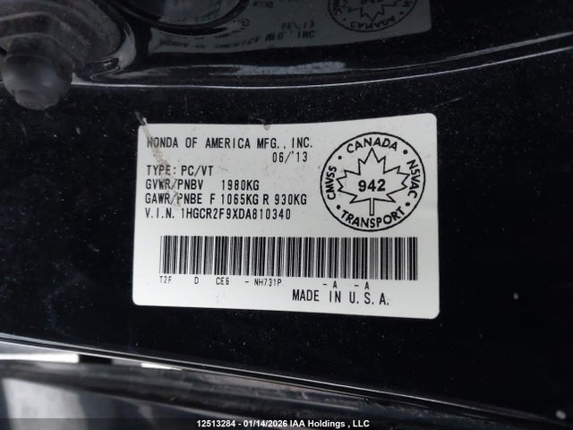 Auction sale of the 2013 Honda Accord Touring, vin: 1HGCR2F9XDA810340, lot number: 12513284