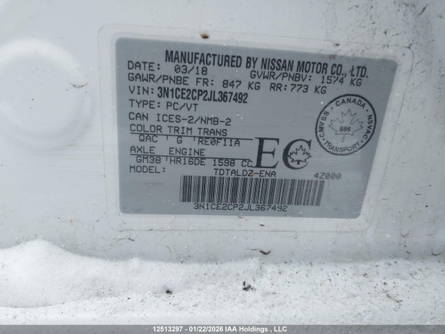 3N1CE2CP2JL367492 Nissan Versa Note S/sr/sv