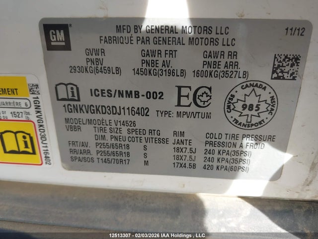 Aukcja sprzedaży 2013 Chevrolet Traverse, vin: 1GNKVGKD3DJ116402, numer aukcji: 12513307