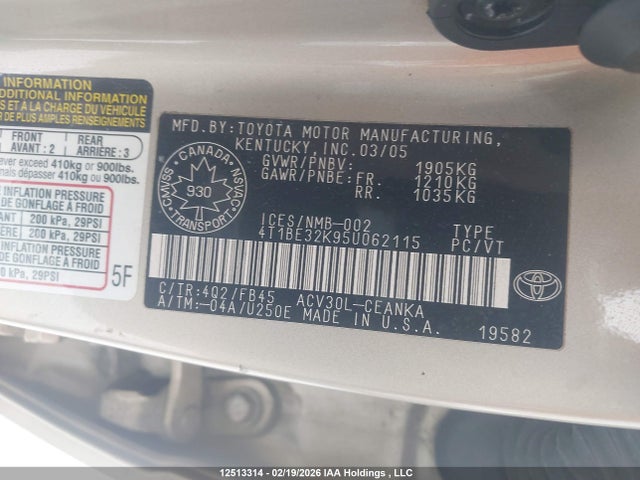 Aukcja sprzedaży 2005 Toyota Camry Le/se/std/xle, vin: 4T1BE32K95U062115, numer aukcji: 12513314