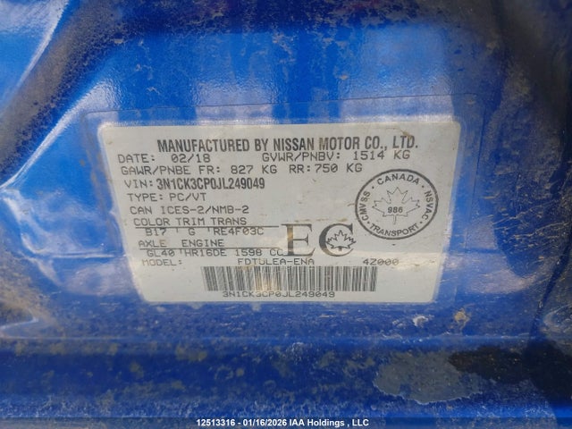 3N1CK3CP0JL249049 Nissan Micra S/sr/sv