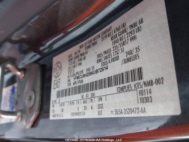 1FMCU9HD9KUB72614 Ford ESCAPE SEL