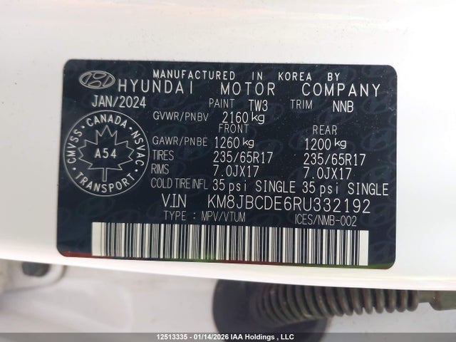 2024 Hyundai Tucson Sel მანქანა იყიდება აუქციონზე, vin: KM8JBCDE6RU332192, აუქციონის ნომერი: 12513335