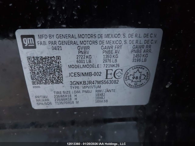 12513360 :رقم المزاد ، 3GNKBJR47MS563082 vin ، 2021 Chevrolet Blazer 3lt مزاد بيع