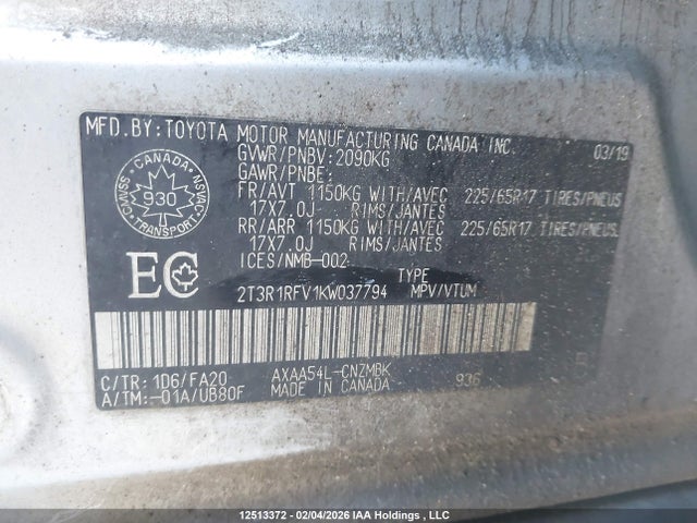 2T3R1RFV1KW037794 Toyota Rav4 Xle