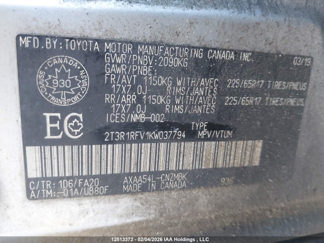 2T3R1RFV1KW037794 Toyota Rav4 Xle