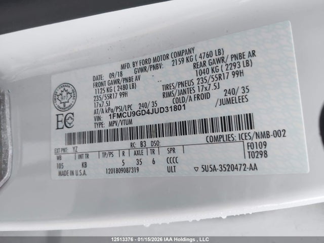 1FMCU9GD4JUD31801 Ford ESCAPE SE
