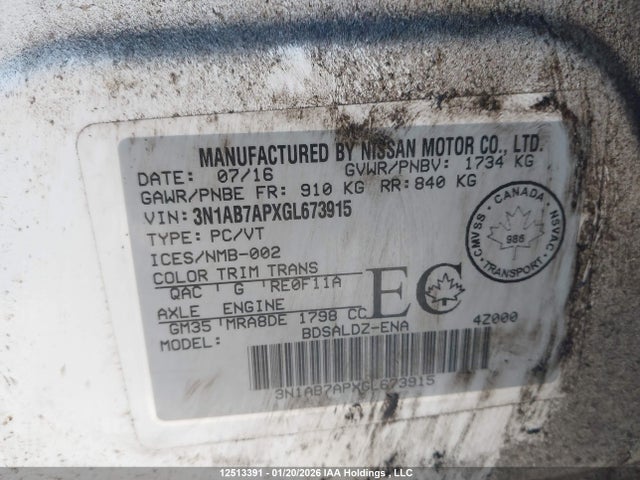 3N1AB7APXGL673915 Nissan Sentra 1.8 S/1.8 Sl/1.8 Sr/1.8 Sv