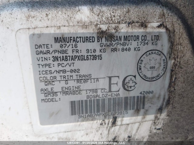 3N1AB7APXGL673915 Nissan Sentra 1.8 S/1.8 Sl/1.8 Sr/1.8 Sv