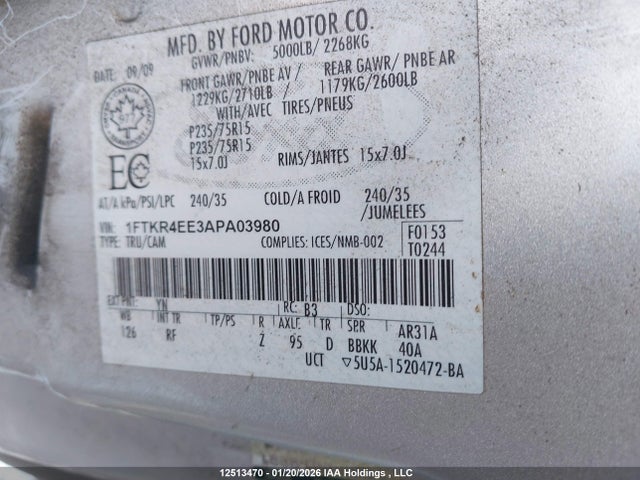 12513470 :رقم المزاد ، 1FTKR4EE3APA03980 vin ، 2010 Ford Ranger Super Cab مزاد بيع