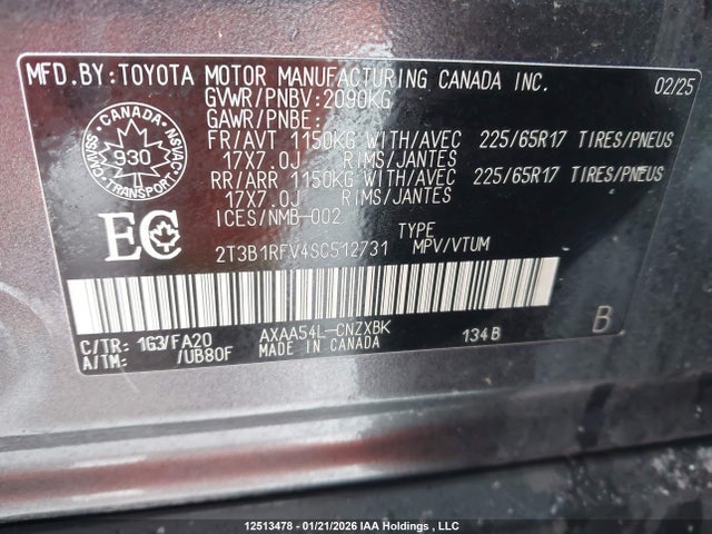 12513478 :رقم المزاد ، 2T3B1RFV4SC512731 vin ، 2025 Toyota Rav4 Le مزاد بيع