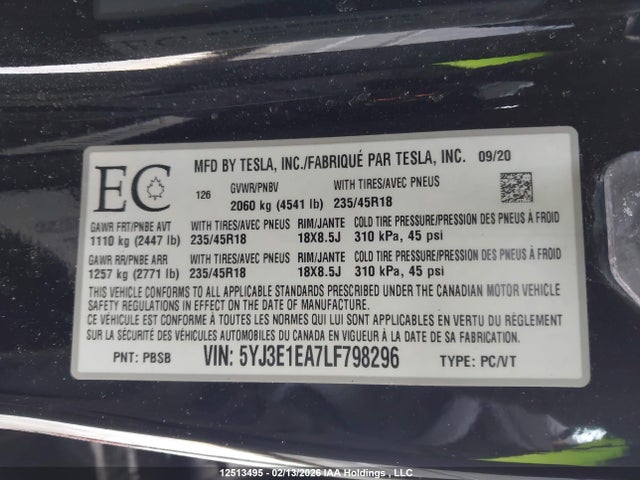 5YJ3E1EA7LF798296 Tesla Model 3 Standard Range Plus